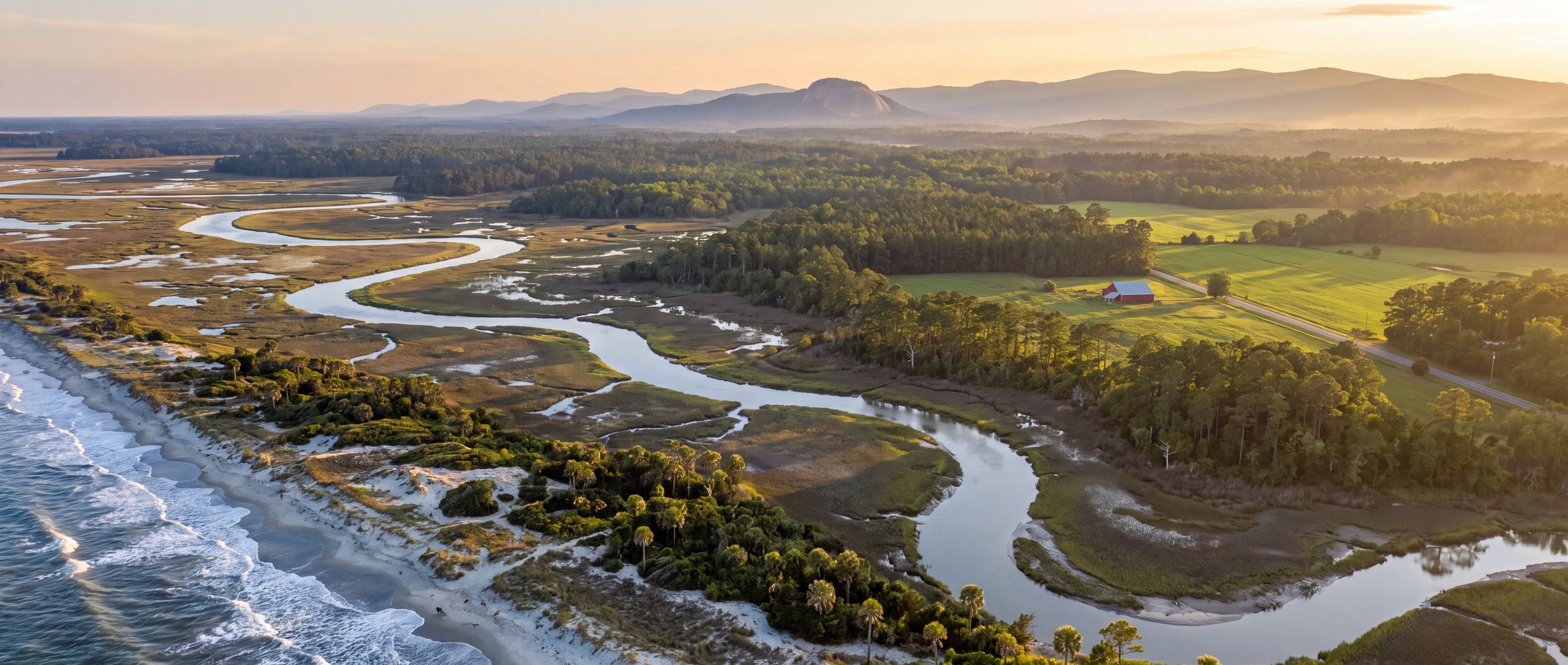 South Carolina from the beach and the salt marsh, across the farmland, to the Blue Ridge Mountains